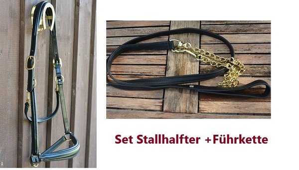 Otto Schumacher SET Stallhalfter & Führkette schwarz/schwarz unterlegt/Messing Größe 1/VB/Cob
